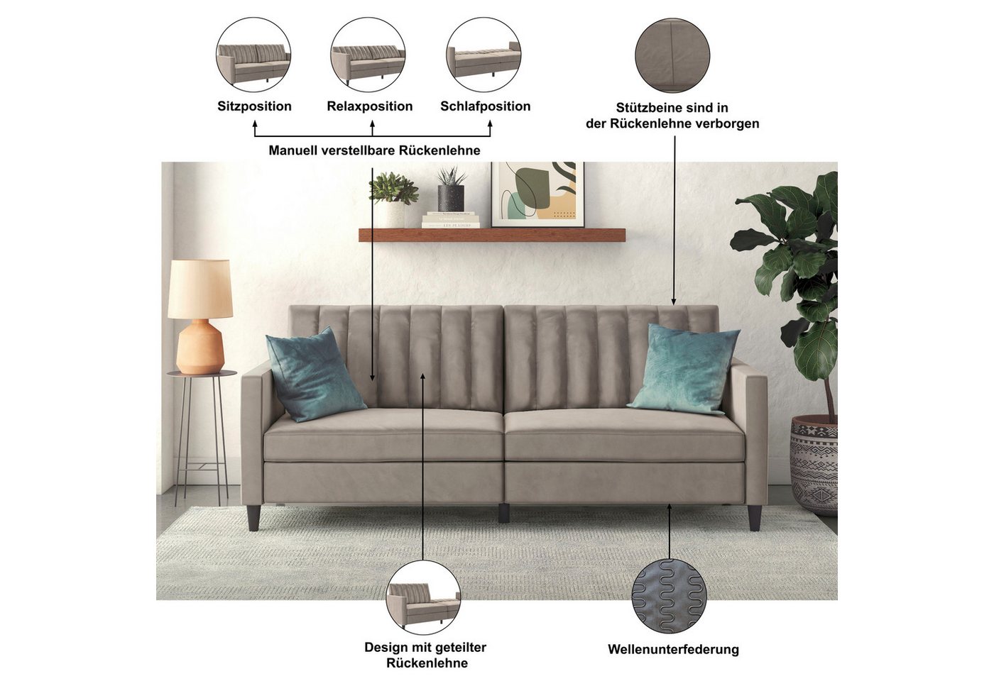 Dorel Home 3-Sitzer Celine, Rückenlehne 2-teilig und 3-fach verstellbar, Sitzhöhe 43 cm – Bild 3 von 5