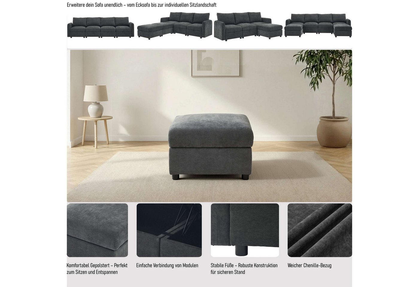 Dorel Home Polsterhocker STILHUS Sitzhocker passend zur Serie, Breite 65 cm, Chenille-Bezug, als Modul oder separat verwendbar - individuell kombinierbar – Bild 3 von 5