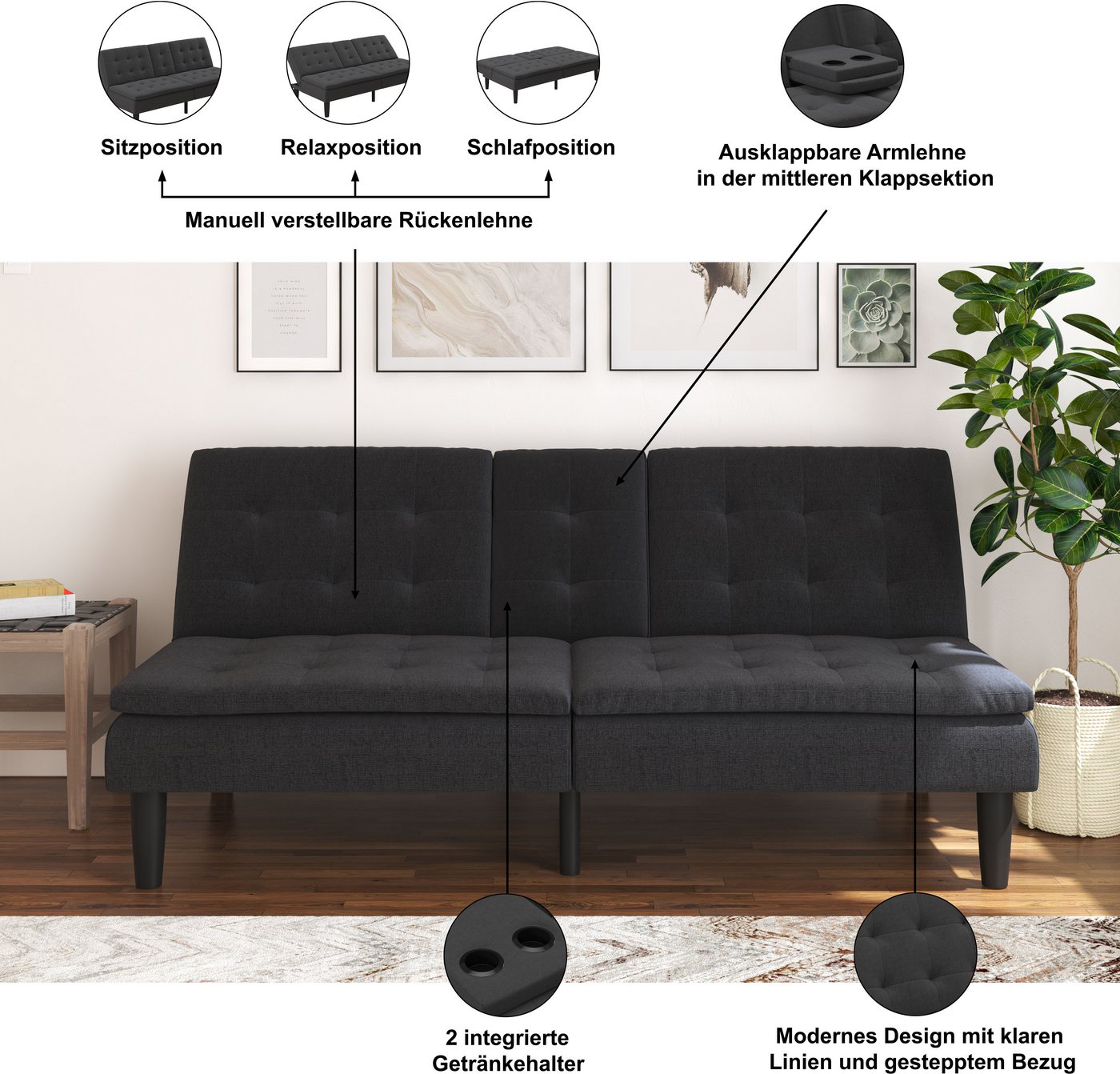 Dorel Home Schlafsofa MAINE, Kinosofa mit Relax- und Bettfunktion, 2 Getränkehalter, Liegefläche 190 x 110 cm, Webstoff und Kunstleder – Bild 3 von 5