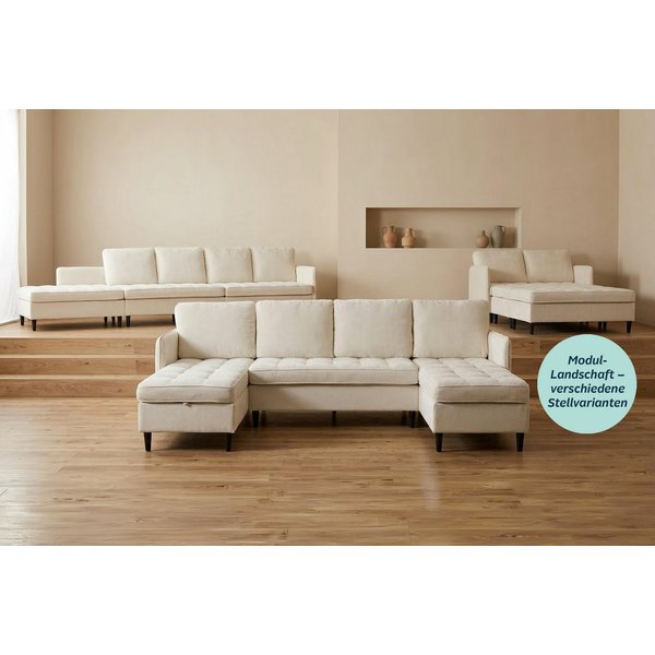 Dorel Home Wohnlandschaft LINDHUS, Chenille, Modulsofa, verschiedene Stellvarianten, Breite als U-Form (254cm) mit Verbindern fixierbar, Recamiere,Stauraum