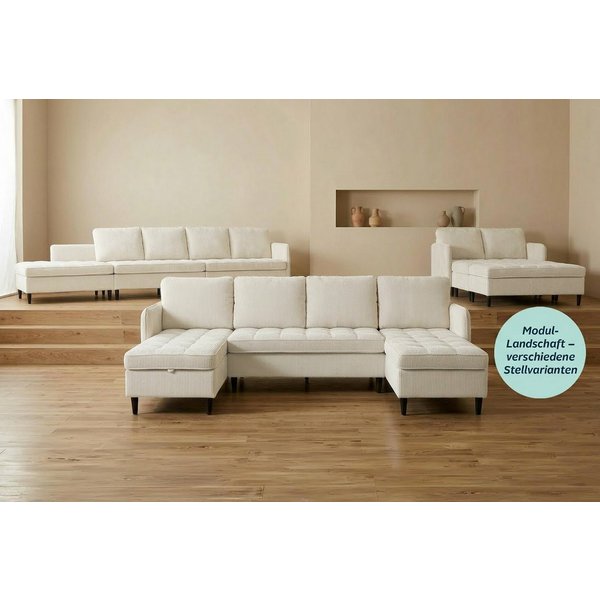 Dorel Home Wohnlandschaft LINDHUS, Cord, Modulsofa, verschiedene Stellvarianten, Breite als U-Form (254cm) mit Verbindern fixierbar, Recamiere,Stauraum
