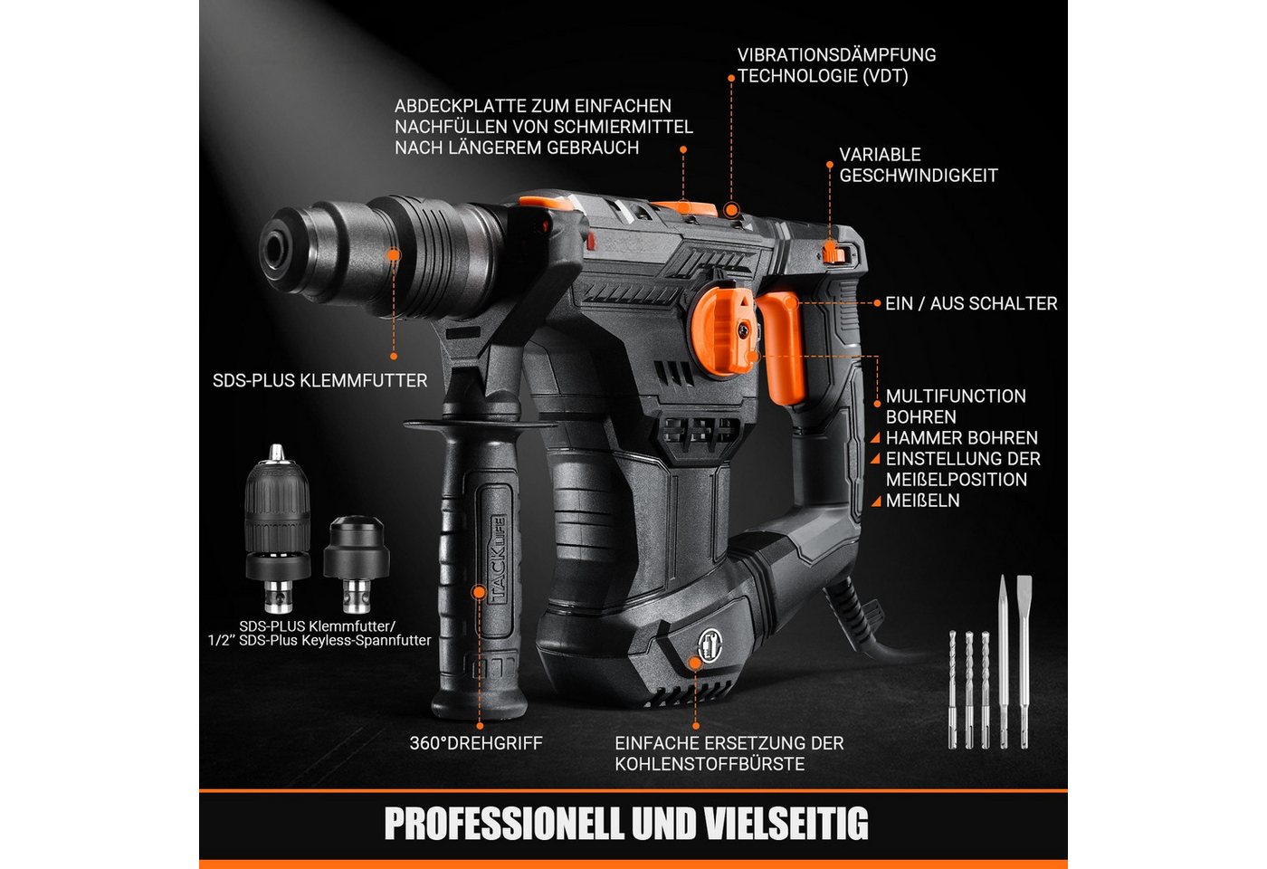 DOVAMAN Bohrhammer SDS-Plus, 4 in 1 Funktionen, 1500W/7J, SDS-Plus Adapter, 4350RPM/900RPM – Bild 2 von 5