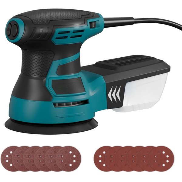 DOVAMAN Exzenterschleifer 125 mm, 350W, 6 variable Geschwindigkeit, 12 Schleifscheiben, max. 13000 U/min, mit Kabel, Ergonomischer Griff