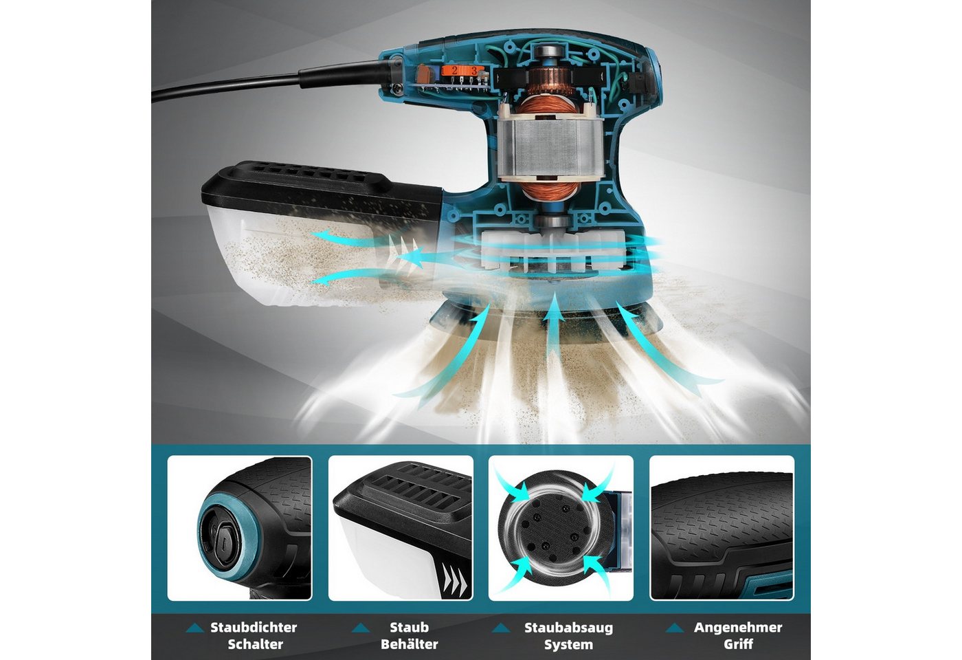 DOVAMAN Exzenterschleifer 125 mm, 350W, 6 variable Geschwindigkeit, 12 Schleifscheiben, max. 13000 U/min, mit Kabel, Ergonomischer Griff – Bild 2 von 5