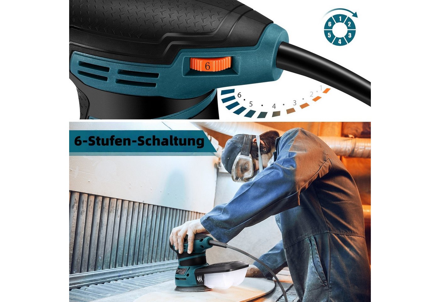 DOVAMAN Exzenterschleifer 125 mm, 350W, 6 variable Geschwindigkeit, 12 Schleifscheiben, max. 13000 U/min, mit Kabel, Ergonomischer Griff – Bild 3 von 5