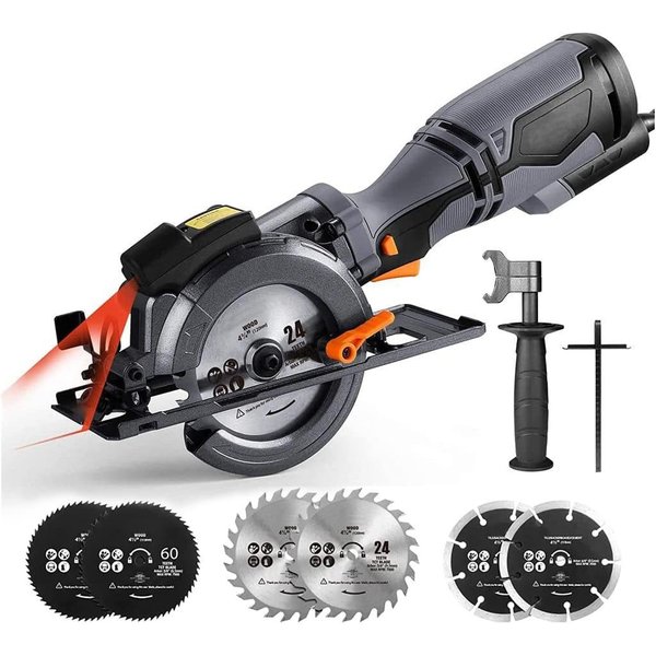 DOVAMAN Handkreissäge mit Laser, 710W 115mm, Metall-Zusatzgriff, 6 Sägeblätter, kabelgebunden