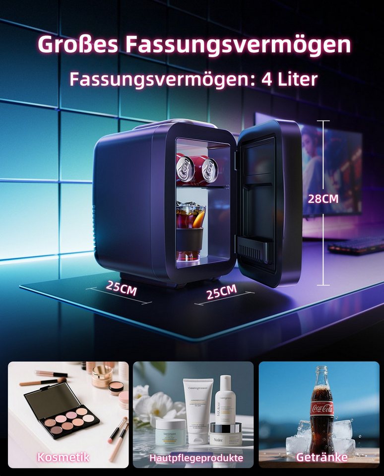 DOVAMAN Kühlbox 4L Mini Kühlschrank, 7 Lichtmodi & & Blinkendem Marquee-Effekt, 4 l, Kühl & Warmfunktion – Bild 3 von 5