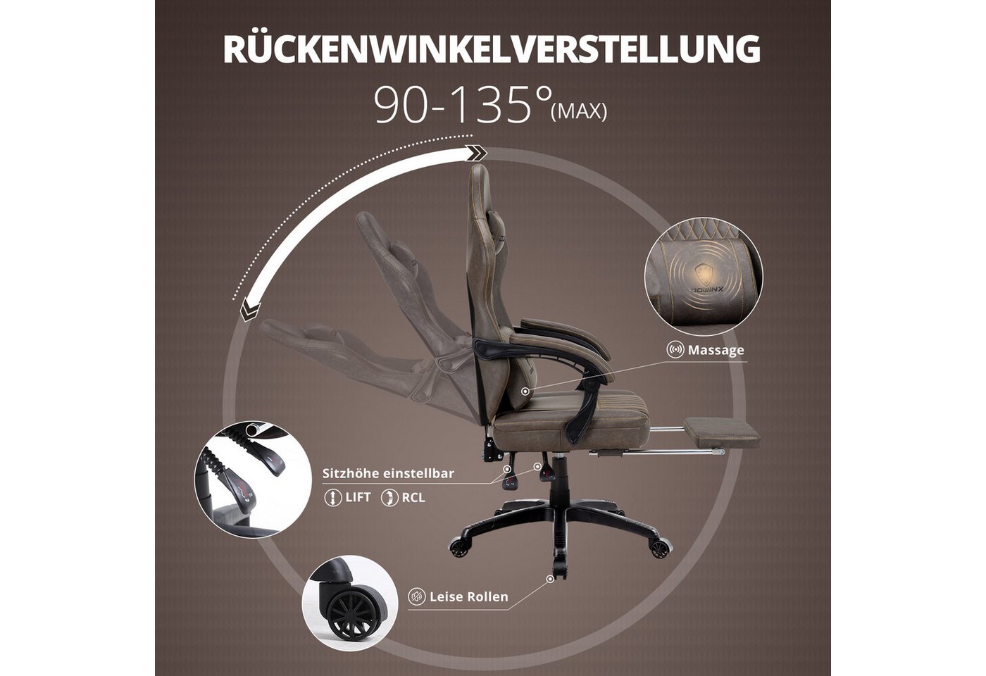 Dowinx Gaming-Stuhl mit Frühling Kissen,Racing Gamer Stuhl mit Massage Lendenwirbelstütze (Packung), Ergonomischer Gaming Sessel mit Fußstütze Bürostuhl PU Lede – Bild 3 von 5