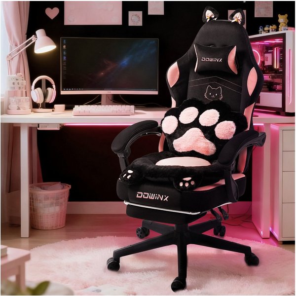 Dowinx Gaming-Stuhl Niedlich mit Katzenohren, Pfoten-Lendenkissen und Sitzkissen, (Packung), Ergonomischer Computerstuhl mit Fußstütze, PC-Spiele-Stuhl für Mädc