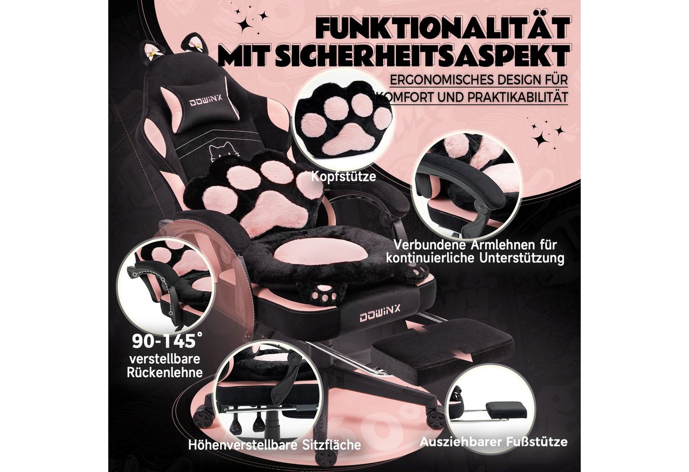 Dowinx Gaming-Stuhl Niedlich mit Katzenohren, Pfoten-Lendenkissen und Sitzkissen, (Packung), Ergonomischer Computerstuhl mit Fußstütze, PC-Spiele-Stuhl für Mädc – Bild 2 von 5