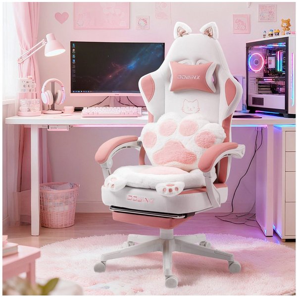 Dowinx Gaming-Stuhl Niedlich mit Katzenohren, Pfoten-Lendenkissen und Sitzkissen, (Packung), Ergonomischer Computerstuhl mit Fußstütze, PC-Spiele-Stuhl für Mädc