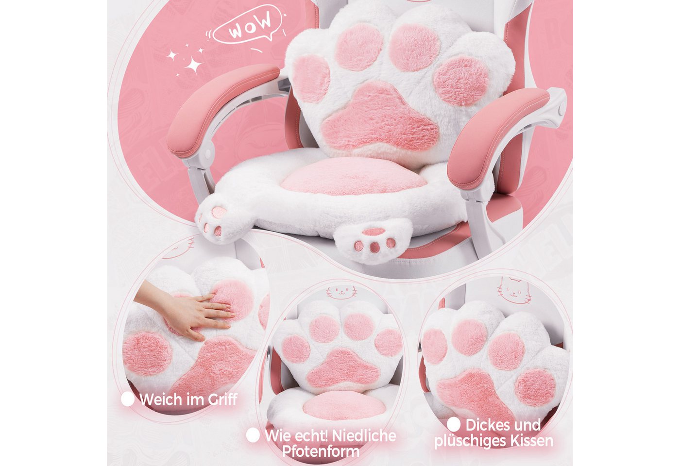 Dowinx Gaming-Stuhl Niedlich mit Katzenohren, Pfoten-Lendenkissen und Sitzkissen, (Packung), Ergonomischer Computerstuhl mit Fußstütze, PC-Spiele-Stuhl für Mädc – Bild 2 von 5