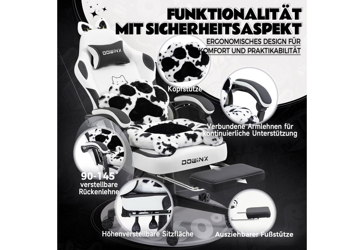 Dowinx Gaming-Stuhl Niedlich mit Katzenohren, Pfoten-Lendenkissen und Sitzkissen, (Packung), Ergonomischer Computerstuhl mit Fußstütze, PC-Spiele-Stuhl für Mädc – Bild 2 von 5