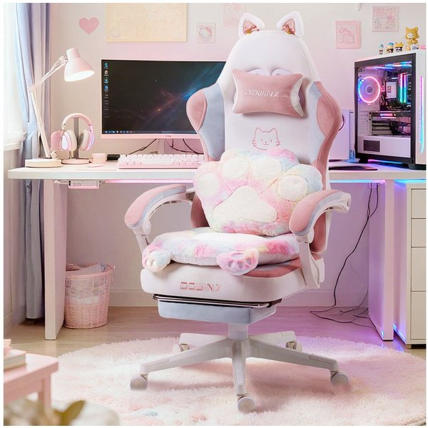 Dowinx Gaming-Stuhl Niedlich mit Katzenohren, Pfoten-Lendenkissen und Sitzkissen, (Packung), Ergonomischer Computerstuhl mit Fußstütze, PC-Spiele-Stuhl für Mädc
