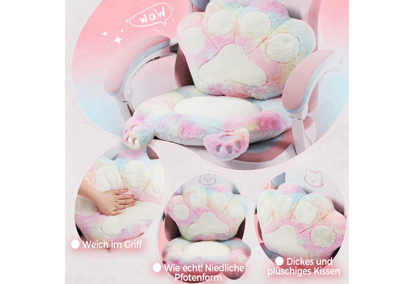 Dowinx Gaming-Stuhl Niedlich mit Katzenohren, Pfoten-Lendenkissen und Sitzkissen, (Packung), Ergonomischer Computerstuhl mit Fußstütze, PC-Spiele-Stuhl für Mädc – Bild 2 von 5