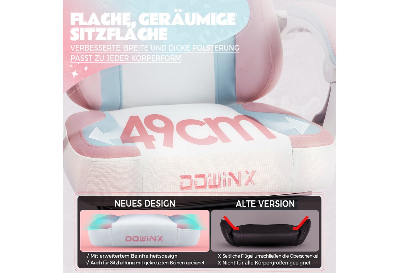 Dowinx Gaming-Stuhl Niedlich mit Katzenohren, Pfoten-Lendenkissen und Sitzkissen, (Packung), Ergonomischer Computerstuhl mit Fußstütze, PC-Spiele-Stuhl für Mädc – Bild 3 von 5