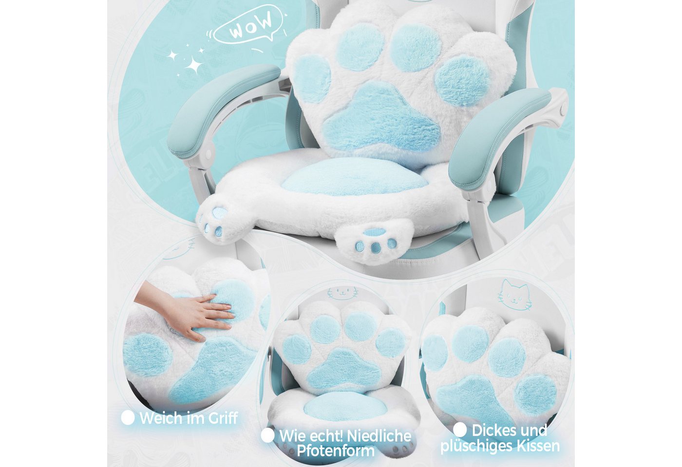 Dowinx Gaming-Stuhl Niedlich mit Katzenohren, Pfoten-Lendenkissen und Sitzkissen, (Packung), Ergonomischer Computerstuhl mit Fußstütze, PC-Spiele-Stuhl für Mädc – Bild 2 von 5