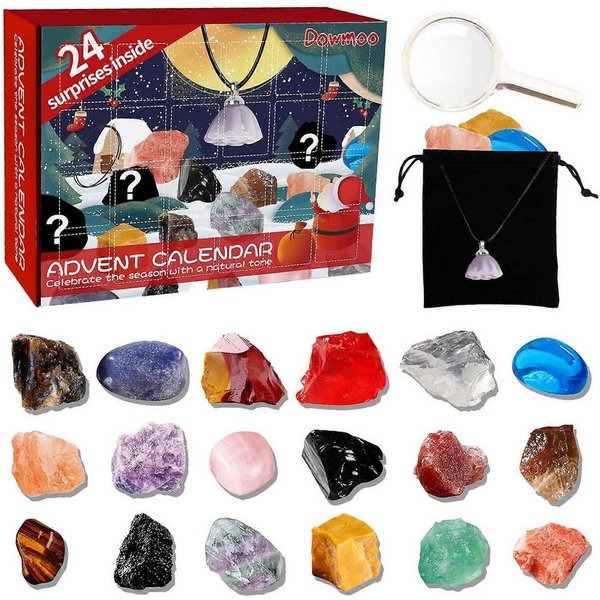 Dowmoo Adventskalender Gemstone Advent Calendar 2024 Edelstein-Set mit 24 echten Steinen, Kristalle, Minerale, Fossilien, Lernkalender für Kinder, Weihnachtsbox