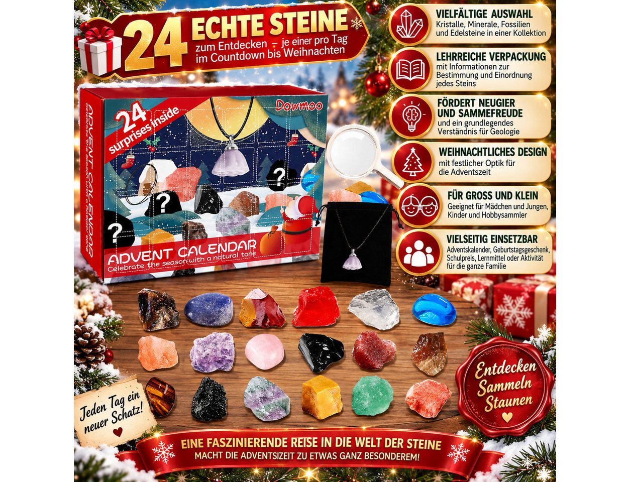 Dowmoo Adventskalender Gemstone Advent Calendar 2024 Edelstein-Set mit 24 echten Steinen, Kristalle, Minerale, Fossilien, Lernkalender für Kinder, Weihnachtsbox – Bild 2 von 4
