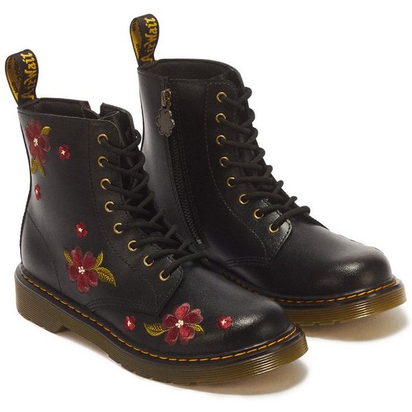 DR. MARTENS 1460 Y Black T Lamper Schnürboots Schnürstiefelette mit bunter Blütenstickerei