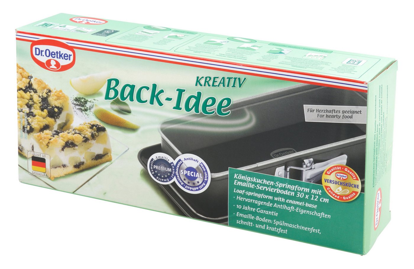 Dr. Oetker Küchenhelfer Kastenform Back-Idee, rechteckige Springform mit Emaille-Servierboden, 30 cm, Antihaft-Beschichtung, schnitt-& kratzfest, hitzebeständig – Bild 4 von 4