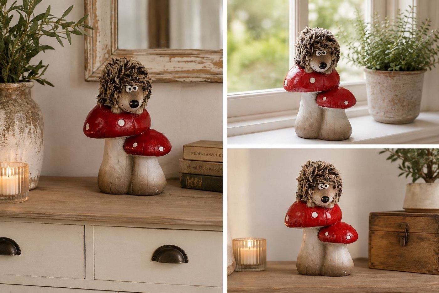 Dragimex Dekofigur Igel mit Pilz, braun/rot, Keramik – dekorative Herbstfigur für Zuhause – Bild 2 von 2