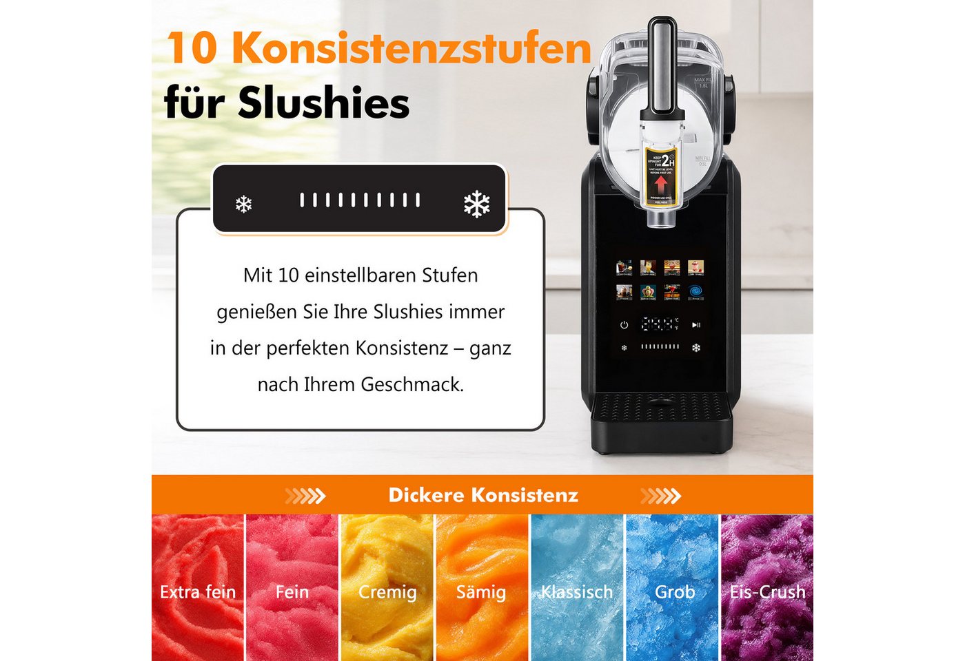 Draixcor Slush-Eismaschine 8-in-1, ohne Eiswürfel, Selbstreinigung, 10 Konsistenzstufen, 1,8 l, 200 W, Slushmaker für Kaltgetränke, Slush, Milchshake, Frappé, S – Bild 5 von 5