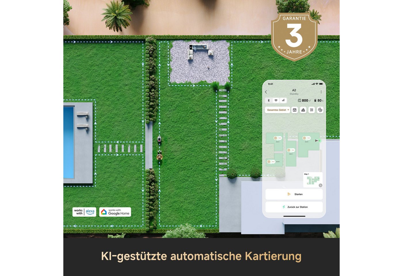 Dreame Rasenmähroboter A2 1200, bis 1200 m² Rasenfläche, Kantenschnittsystem, automatische Begrenzungseinrichtung, KI-Kamera – Bild 4 von 5