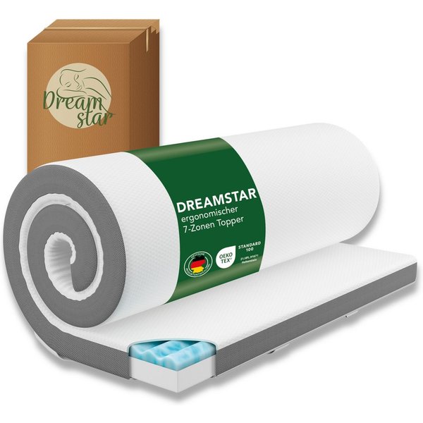 Dreamstar, Topper 7-Zonen Matratzentopper mit Gel-Memory- & Komfortschicht, H2/H3, 8 cm hoch, Komfortschaum, rutschfest, Bezug waschbar - für Matratzen und Boxs