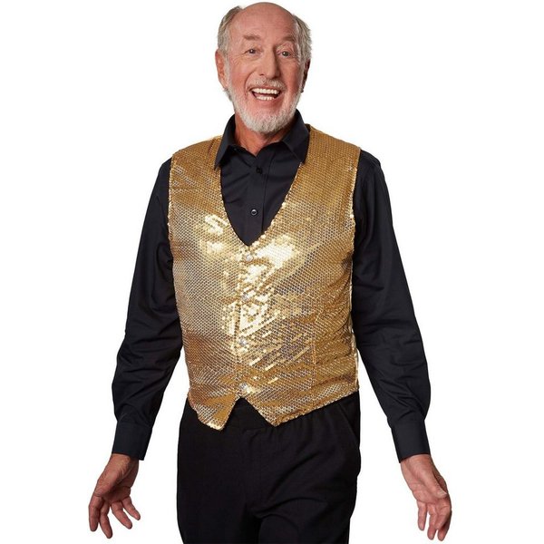 dressforfun Anzugweste Gilet, Hoher Tragekomfort, perfekter Sitz, Herren-Weste einfarbig (Festweste, Konfektionsgröße M in gold) Vorn mit glitzernden Pailletten