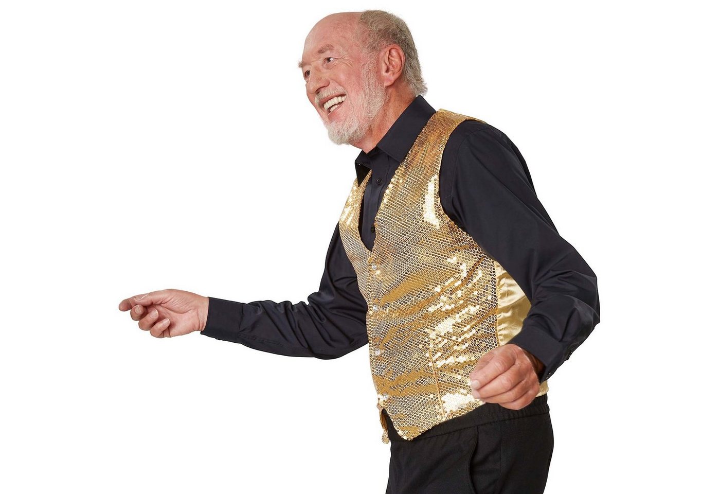 dressforfun Anzugweste Gilet, Hoher Tragekomfort, perfekter Sitz, Herren-Weste einfarbig (Festweste, Konfektionsgröße M in gold) Vorn mit glitzernden Pailletten – Bild 5 von 5