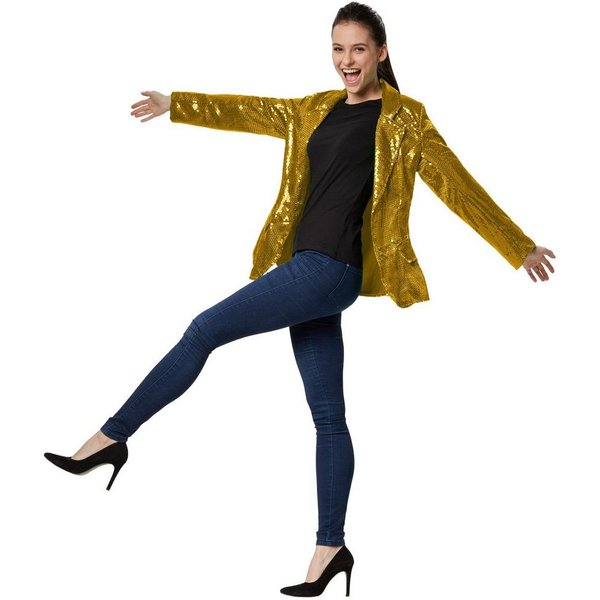 dressforfun Blouson Kurzjacke, Für viele Outfits und Anlässe, Ziertaschen an den Seiten (Bundjacke, Konfektionsgröße M in gold) Damen-Jackett mit glitzernden Pa