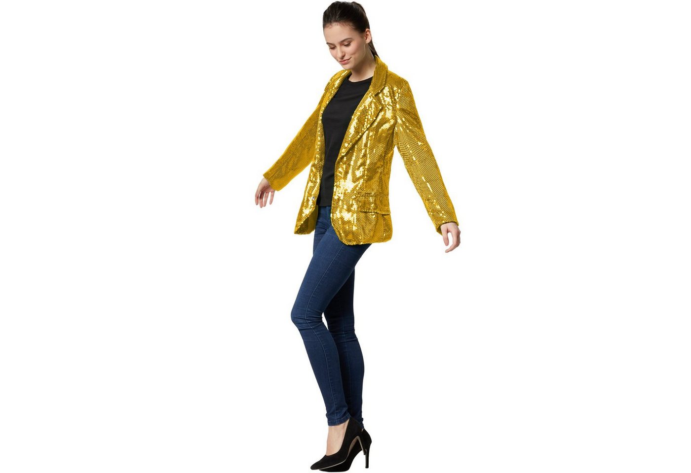 dressforfun Blouson Kurzjacke, Für viele Outfits und Anlässe, Ziertaschen an den Seiten (Bundjacke, Konfektionsgröße M in gold) Damen-Jackett mit glitzernden Pa – Bild 3 von 5
