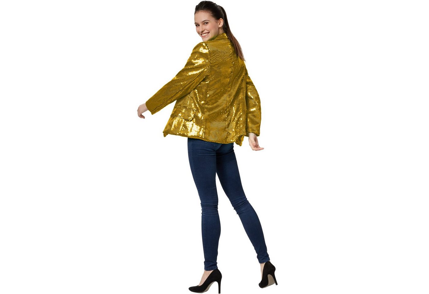 dressforfun Blouson Kurzjacke, Für viele Outfits und Anlässe, Ziertaschen an den Seiten (Bundjacke, Konfektionsgröße M in gold) Damen-Jackett mit glitzernden Pa – Bild 4 von 5