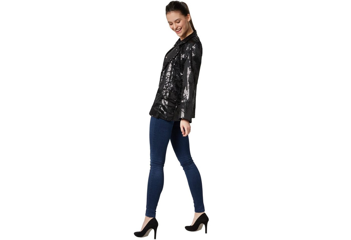 dressforfun Blouson Kurzjacke, Für viele Outfits und Anlässe, Ziertaschen an den Seiten (Bundjacke, Konfektionsgröße M in schwarz) Damen-Jackett mit glitzernden – Bild 3 von 5