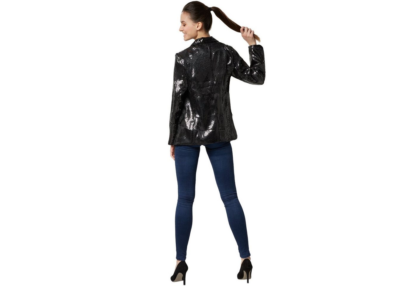 dressforfun Blouson Kurzjacke, Für viele Outfits und Anlässe, Ziertaschen an den Seiten (Bundjacke, Konfektionsgröße M in schwarz) Damen-Jackett mit glitzernden – Bild 4 von 5