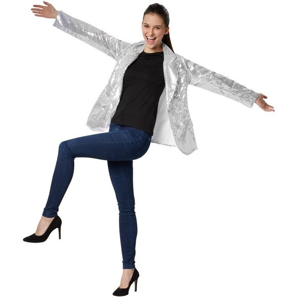 dressforfun Blouson Kurzjacke, Für viele Outfits und Anlässe, Ziertaschen an den Seiten (Bundjacke, Konfektionsgröße S in silber) Damen-Jackett mit glitzernden 