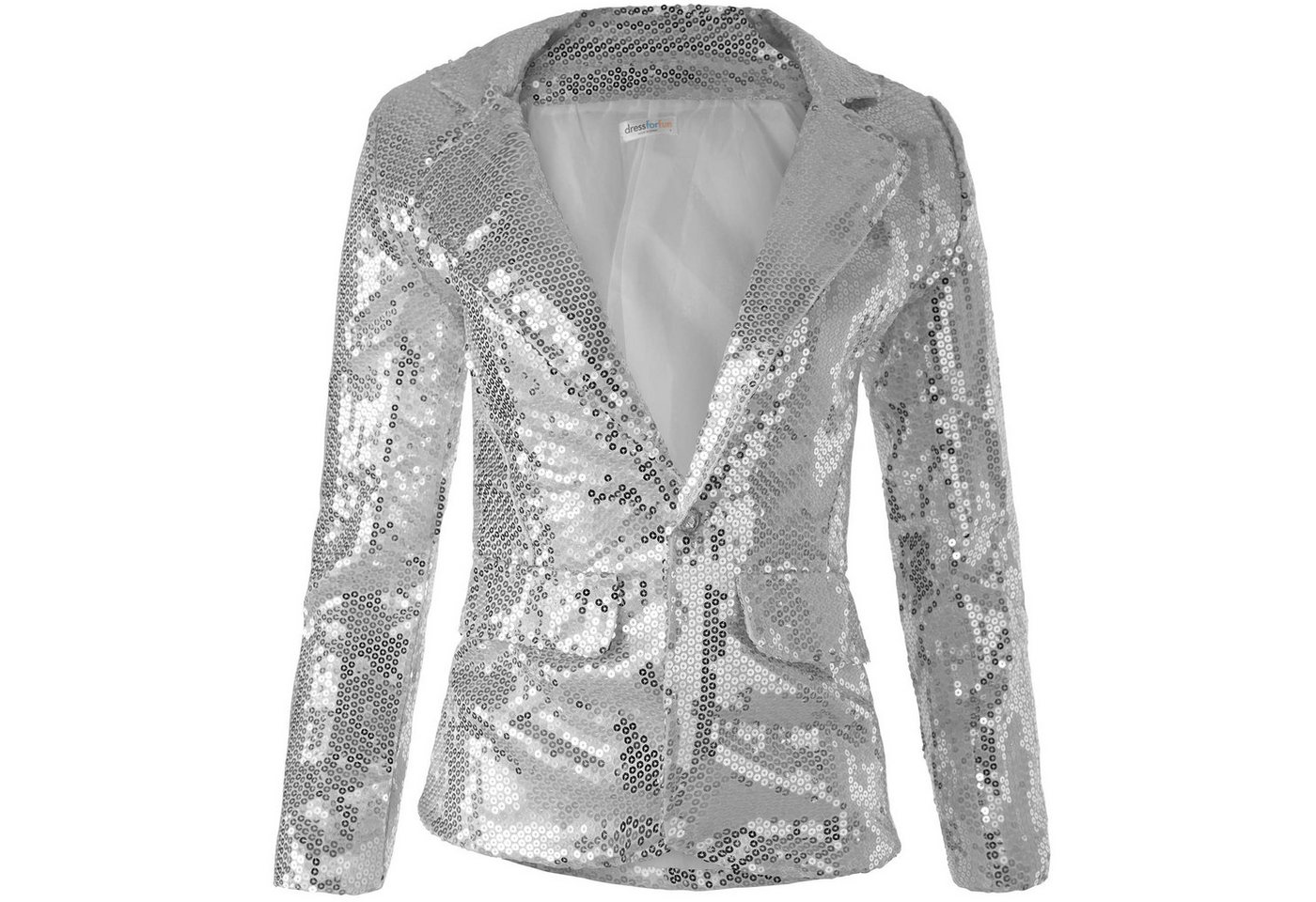 dressforfun Blouson Kurzjacke, Für viele Outfits und Anlässe, Ziertaschen an den Seiten (Bundjacke, Konfektionsgröße S in silber) Damen-Jackett mit glitzernden  – Bild 2 von 5