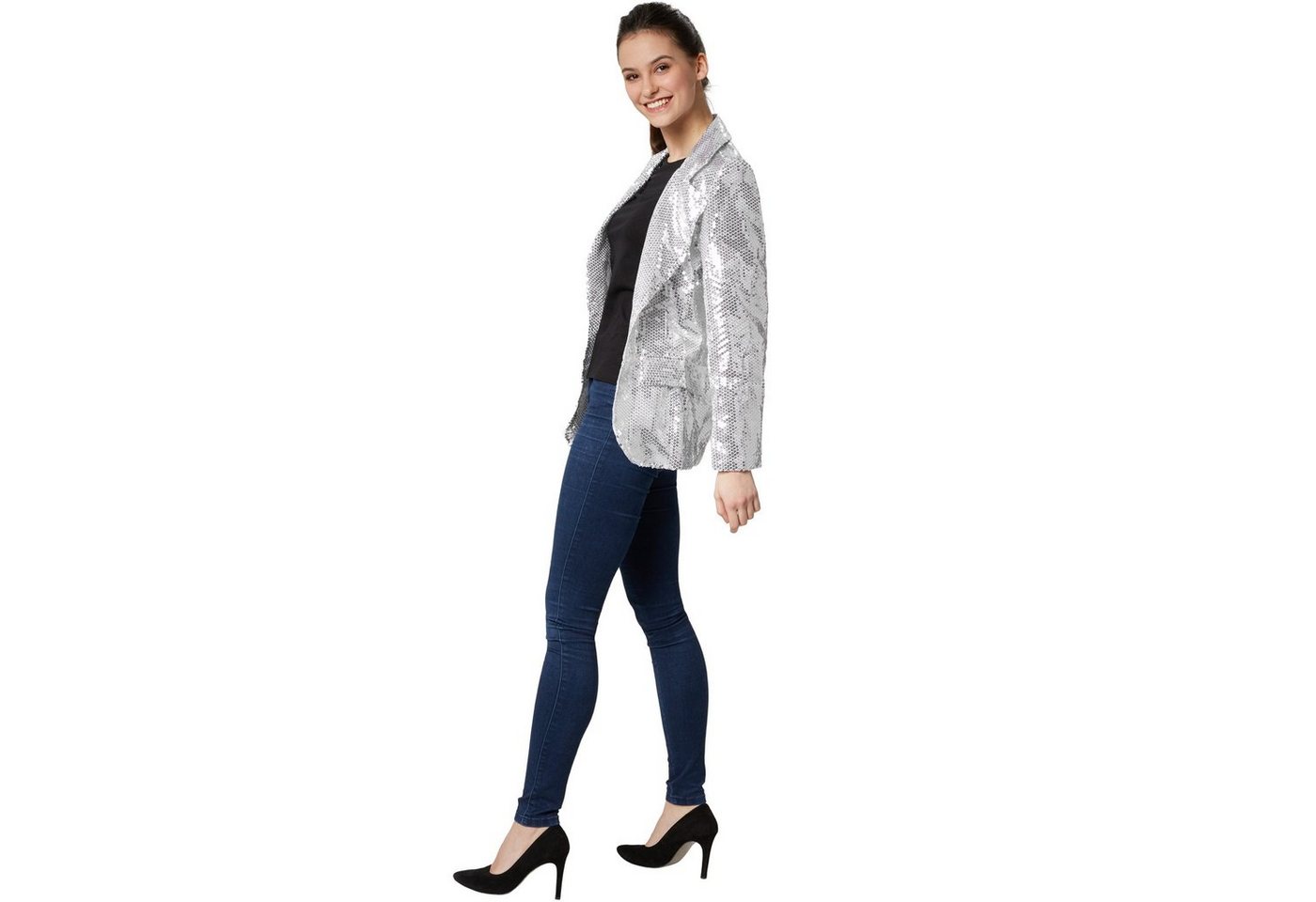 dressforfun Blouson Kurzjacke, Für viele Outfits und Anlässe, Ziertaschen an den Seiten (Bundjacke, Konfektionsgröße S in silber) Damen-Jackett mit glitzernden  – Bild 3 von 5