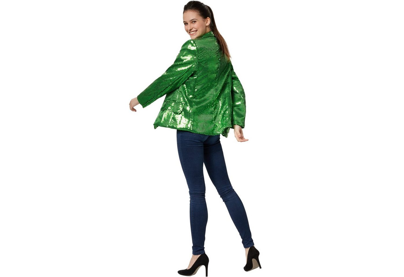 dressforfun Blouson Kurzjacke, Für viele Outfits und Anlässe, Ziertaschen an den Seiten (Bundjacke, Konfektionsgröße S in grün) Damen-Jackett mit glitzernden Pa – Bild 4 von 5