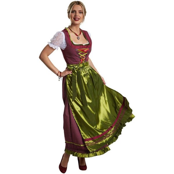 dressforfun Dirndl Maxi-Dirndl mit langem Rock und passender Schürze (Frauentracht Ruhpolding Modell 2, in rot/grün) Reißverschluss rechts, Strass-Schnürung, Rü