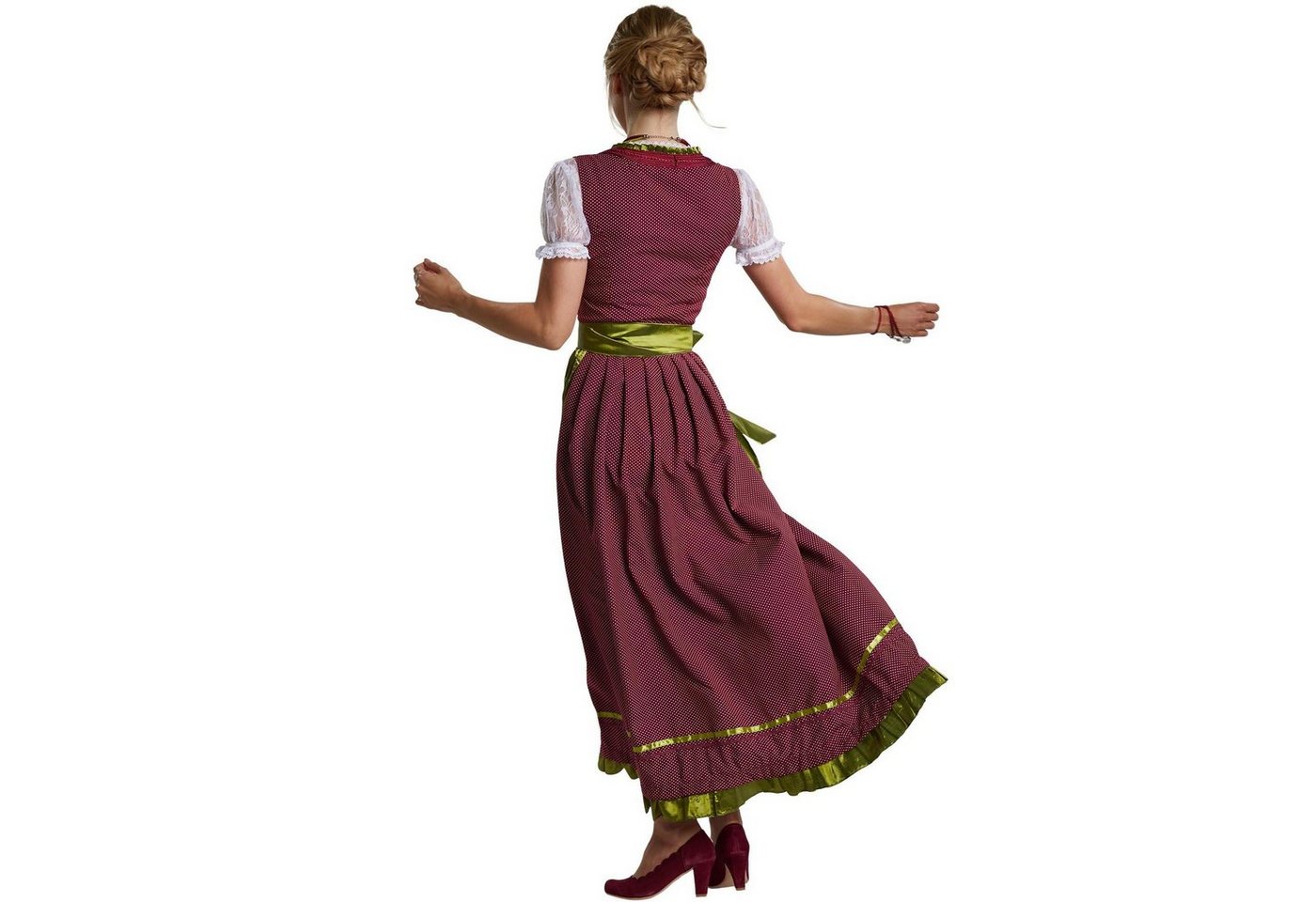 dressforfun Dirndl Maxi-Dirndl mit langem Rock und passender Schürze (Frauentracht Ruhpolding Modell 2, in rot/grün) Reißverschluss rechts, Strass-Schnürung, Rü – Bild 5 von 5