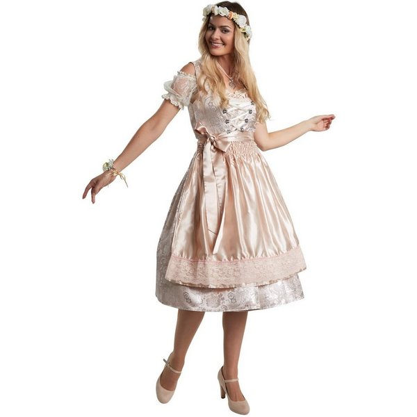 dressforfun Dirndl Midi-Dirndl, tailliert, halblang, Beige/Silber, passende Schürze (Trachtenkleid, Konfektionsgröße M, beige/rosa) Reißv. hinten, Schnürung mit