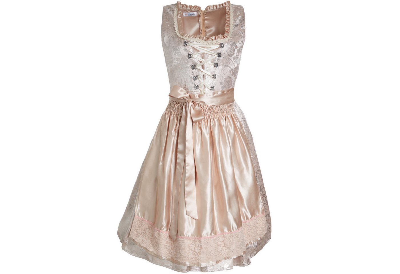 dressforfun Dirndl Midi-Dirndl, tailliert, halblang, Beige/Silber, passende Schürze (Trachtenkleid, Konfektionsgröße M, beige/rosa) Reißv. hinten, Schnürung mit – Bild 2 von 5