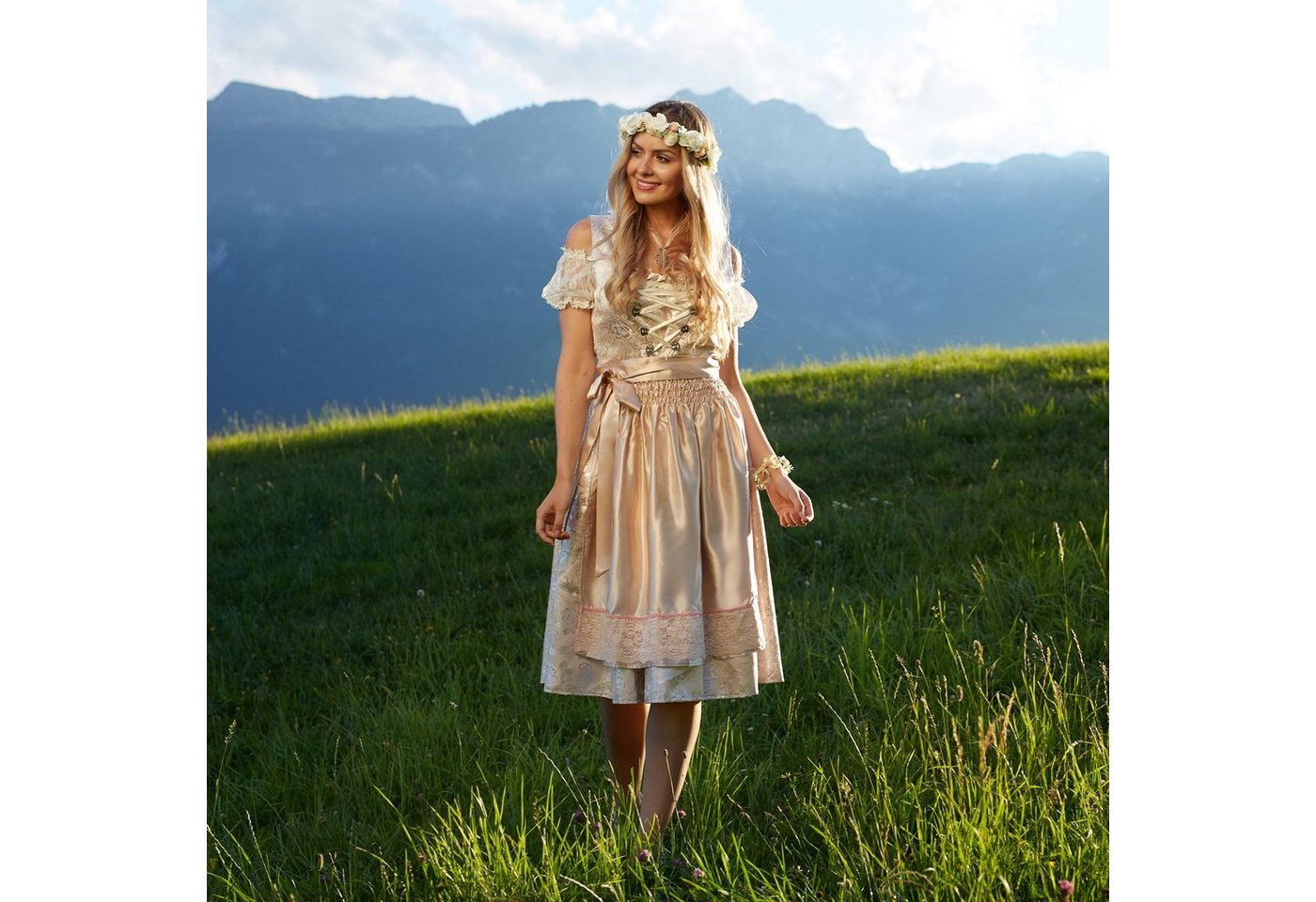 dressforfun Dirndl Midi-Dirndl, tailliert, halblang, Beige/Silber, passende Schürze (Trachtenkleid, Konfektionsgröße M, beige/rosa) Reißv. hinten, Schnürung mit – Bild 3 von 5