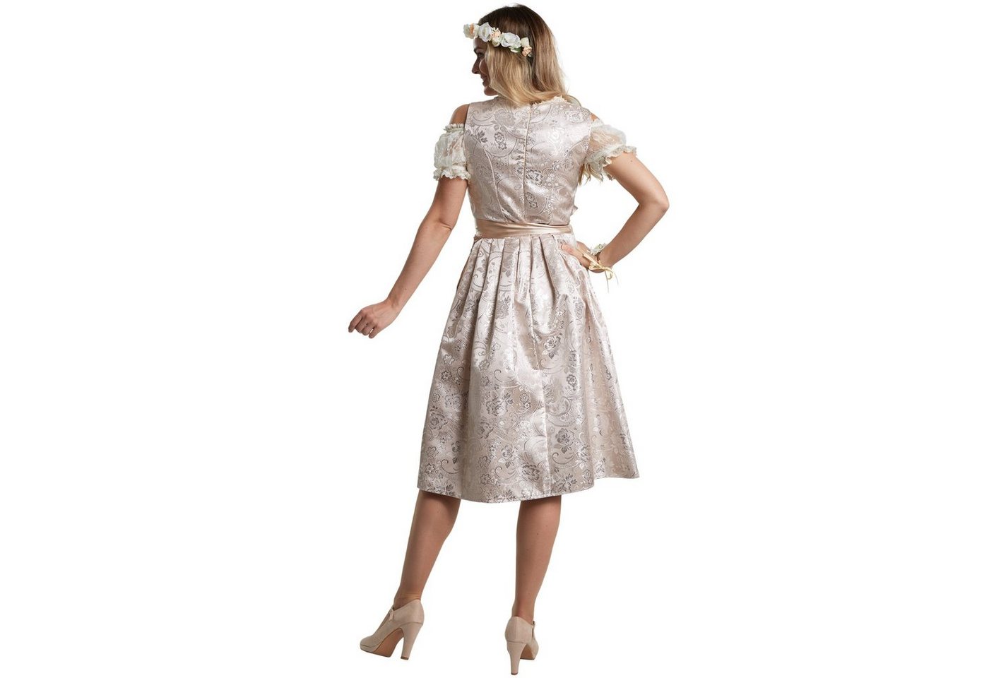 dressforfun Dirndl Midi-Dirndl, tailliert, halblang, Beige/Silber, passende Schürze (Trachtenkleid, Konfektionsgröße M, beige/rosa) Reißv. hinten, Schnürung mit – Bild 5 von 5