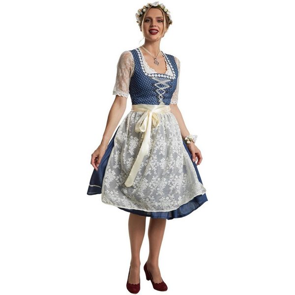 dressforfun Dirndl Midi-Dirndl, halblang, tailliert, klassischer Look, passende Schürze (Trachtenkleid, Konfektionsgröße L, blau/weiß) Reißv. rechts, Schnürung 