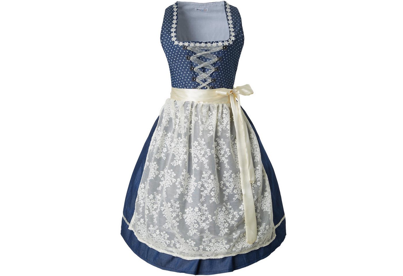 dressforfun Dirndl Midi-Dirndl, halblang, tailliert, klassischer Look, passende Schürze (Trachtenkleid, Konfektionsgröße L, blau/weiß) Reißv. rechts, Schnürung  – Bild 2 von 5