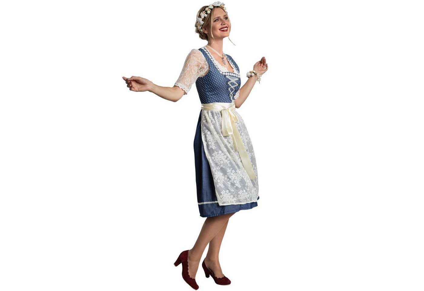 dressforfun Dirndl Midi-Dirndl, halblang, tailliert, klassischer Look, passende Schürze (Trachtenkleid, Konfektionsgröße L, blau/weiß) Reißv. rechts, Schnürung  – Bild 4 von 5
