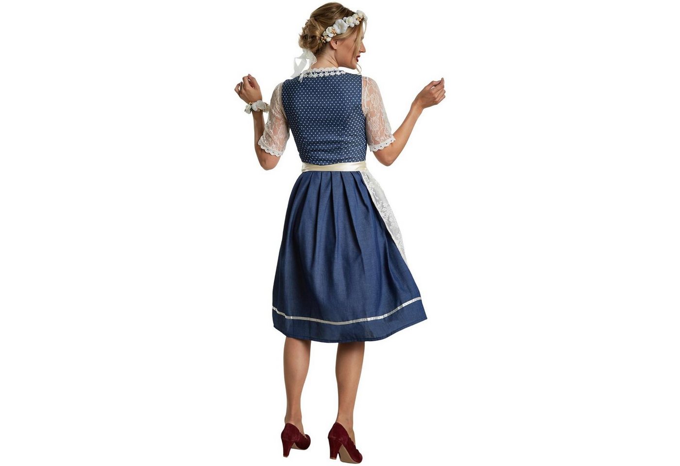 dressforfun Dirndl Midi-Dirndl, halblang, tailliert, klassischer Look, passende Schürze (Trachtenkleid, Konfektionsgröße L, blau/weiß) Reißv. rechts, Schnürung  – Bild 5 von 5
